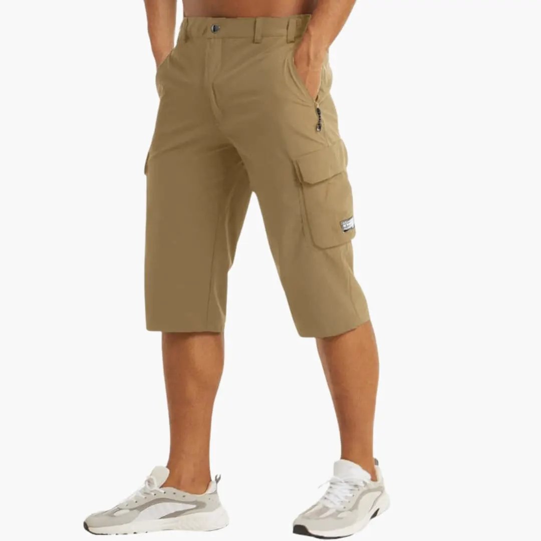 Men's cargo shorts with stretch fabric in tan, knee-length, zip pockets, Wilfred Smith