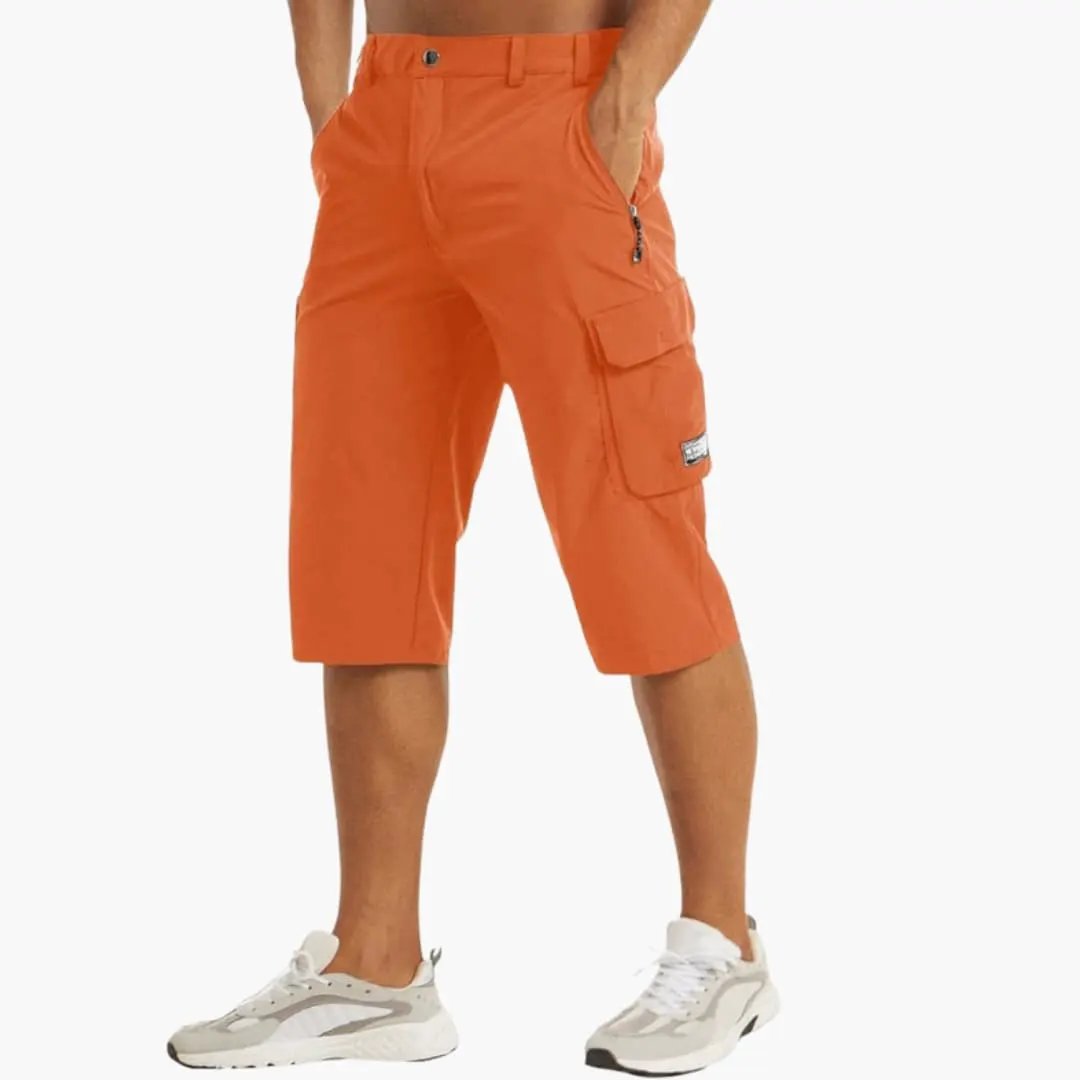 Men's Cargo Shorts in orange, stretch fabric with zipper pockets, knee-length by Wilfred Smith
