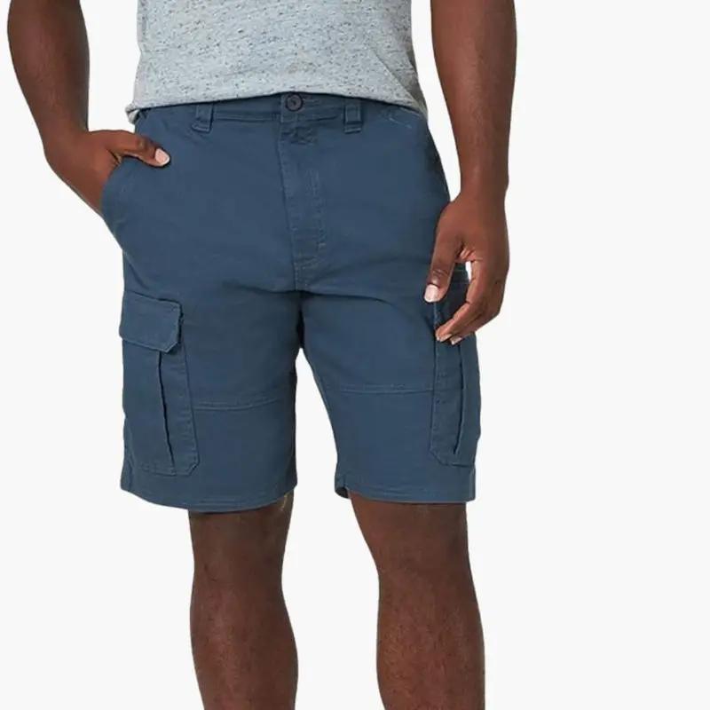 Men's cargo shorts by Wilfred Smith, knee-length blue shorts with zippered and flap pockets.