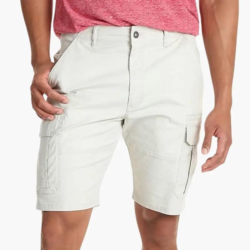 Men's cargo shorts in beige, knee-length with flap cargo pockets