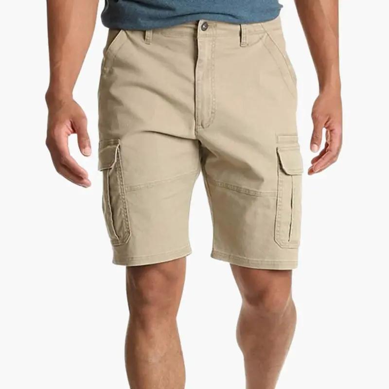 Men's cargo shorts by Wilfred Smith in beige, knee-length with zipper and flap cargo pockets