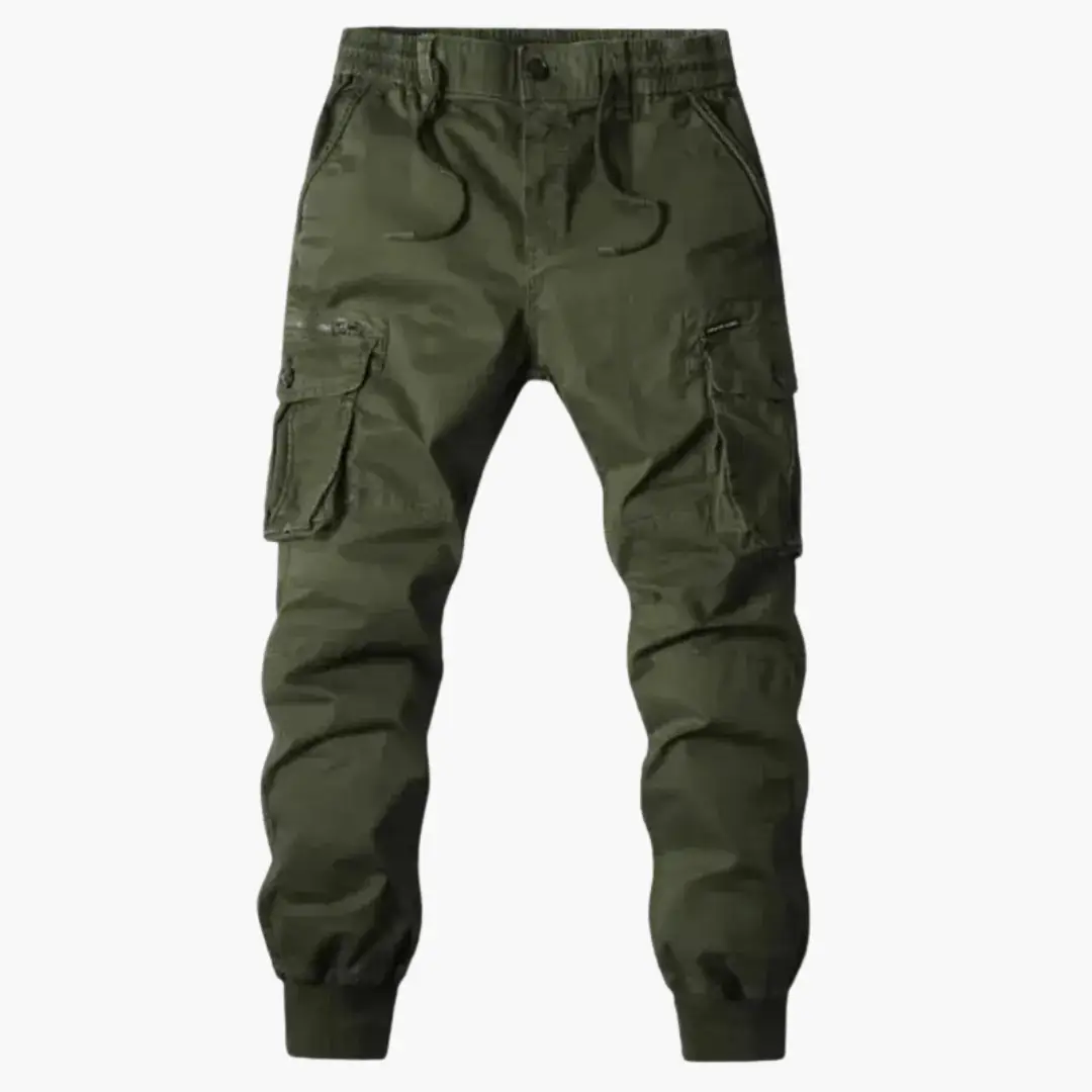 Men’s cargo trousers in olive green with drawstring waist and flap pockets