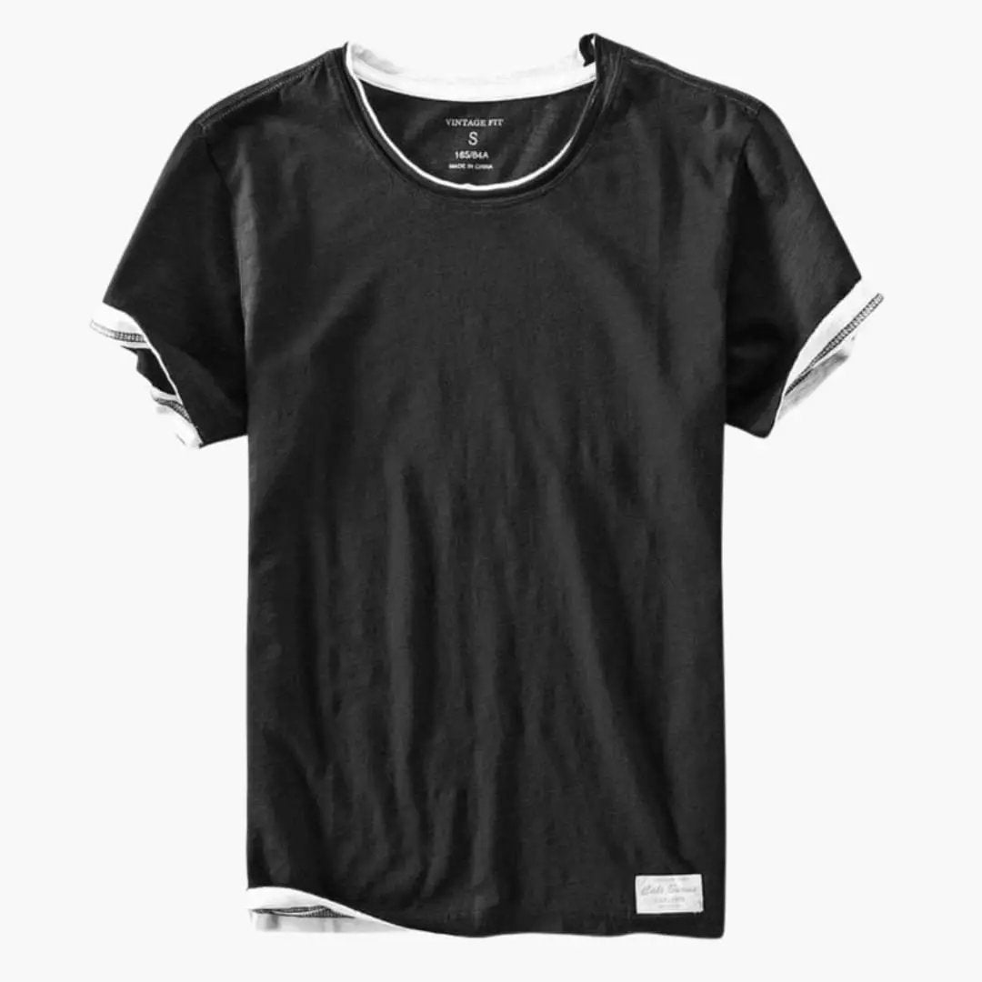 Men’s T-shirt black with white crew-neck trim and white sleeve hems, Wilfred Smith brand
