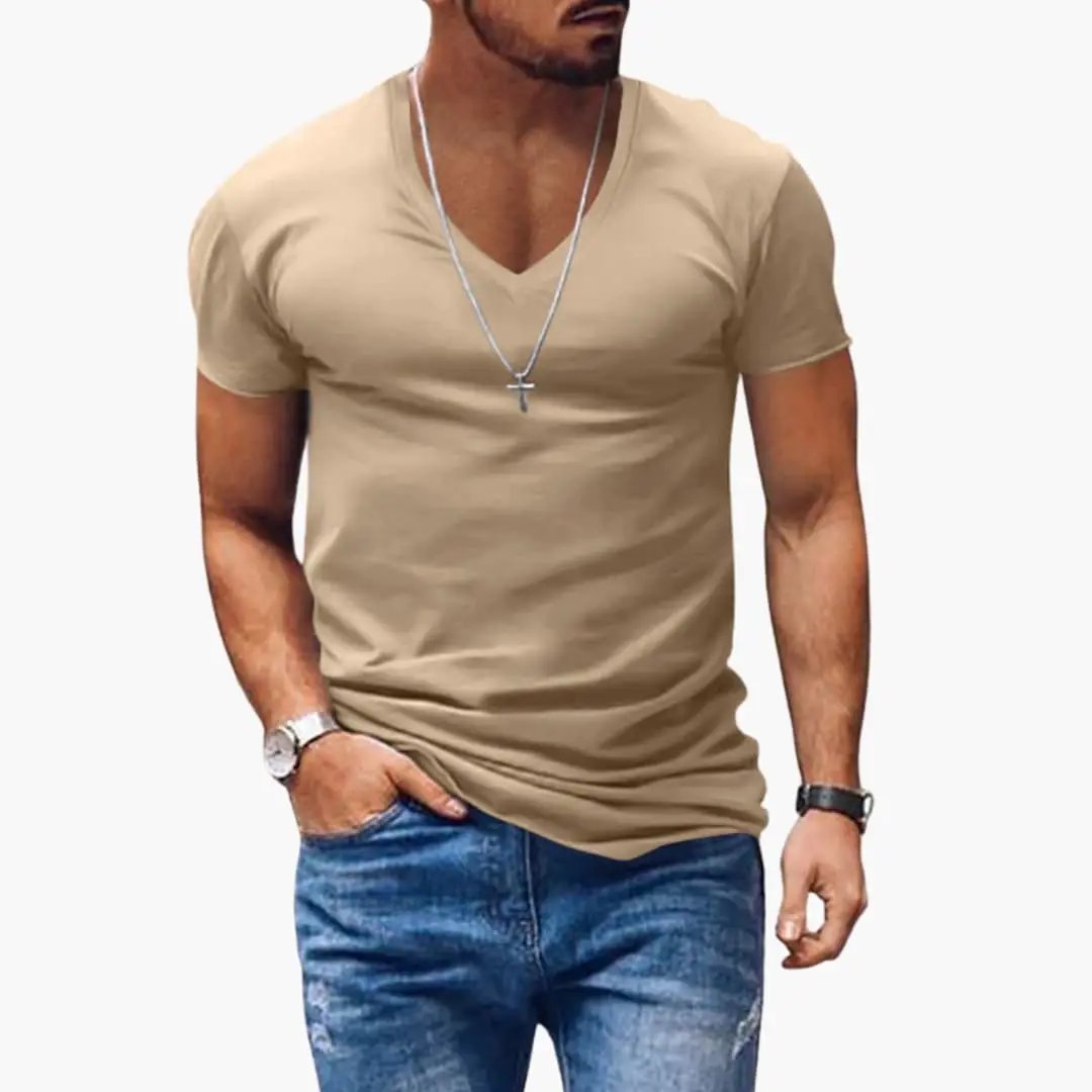 Men’s Classic V-Neck Short Sleeve T-Shirt in tan, shown on a male model with blue jeans.