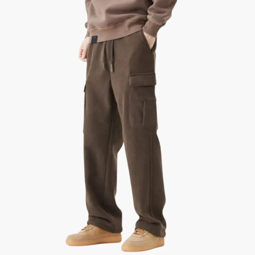 Men’s brown corduroy cargo trousers with drawstring waist and side pockets by Wilfred Smith