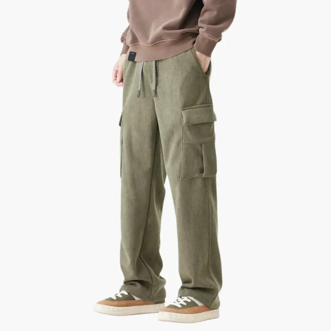 Men’s olive corduroy cargo trousers with drawstring waist and side pockets by Wilfred Smith