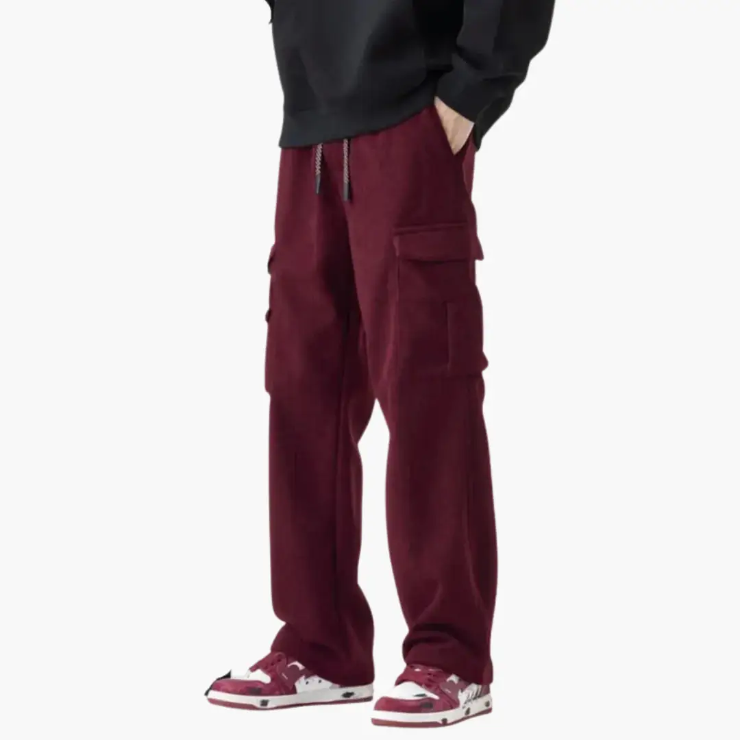 Men’s corduroy cargo trousers by Wilfred Smith with drawstring waist, burgundy, cargo pockets