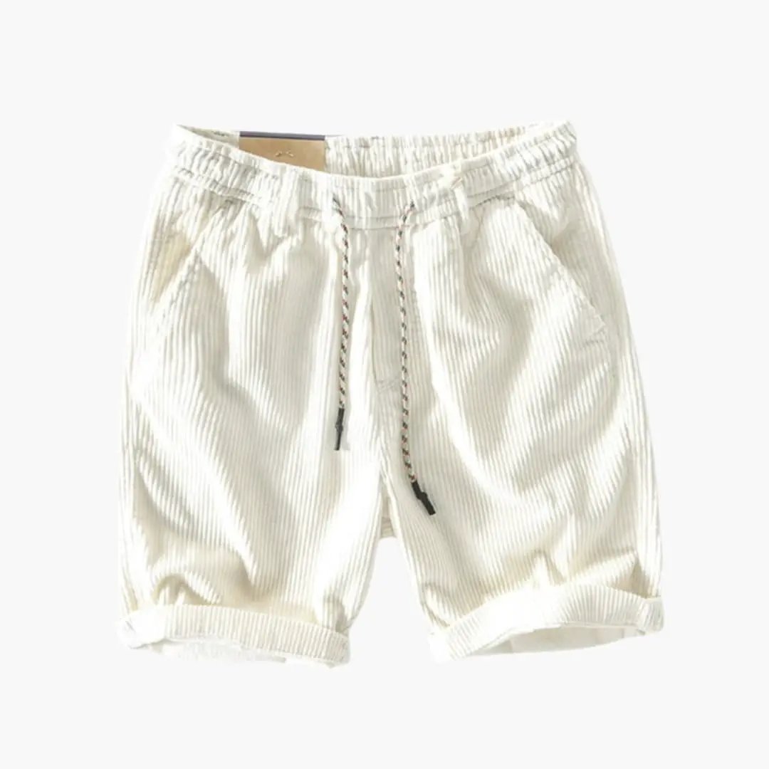 Wilfred Smith men's corduroy shorts with elastic waistband and side pockets, cream color