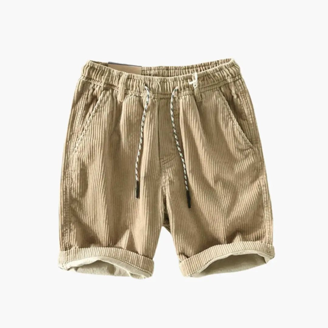 Men's corduroy shorts in tan with elastic waistband