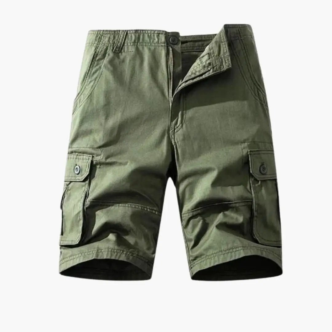 Men's cargo shorts Wilfred Smith, olive cotton knee-length with belt loops and flap pockets