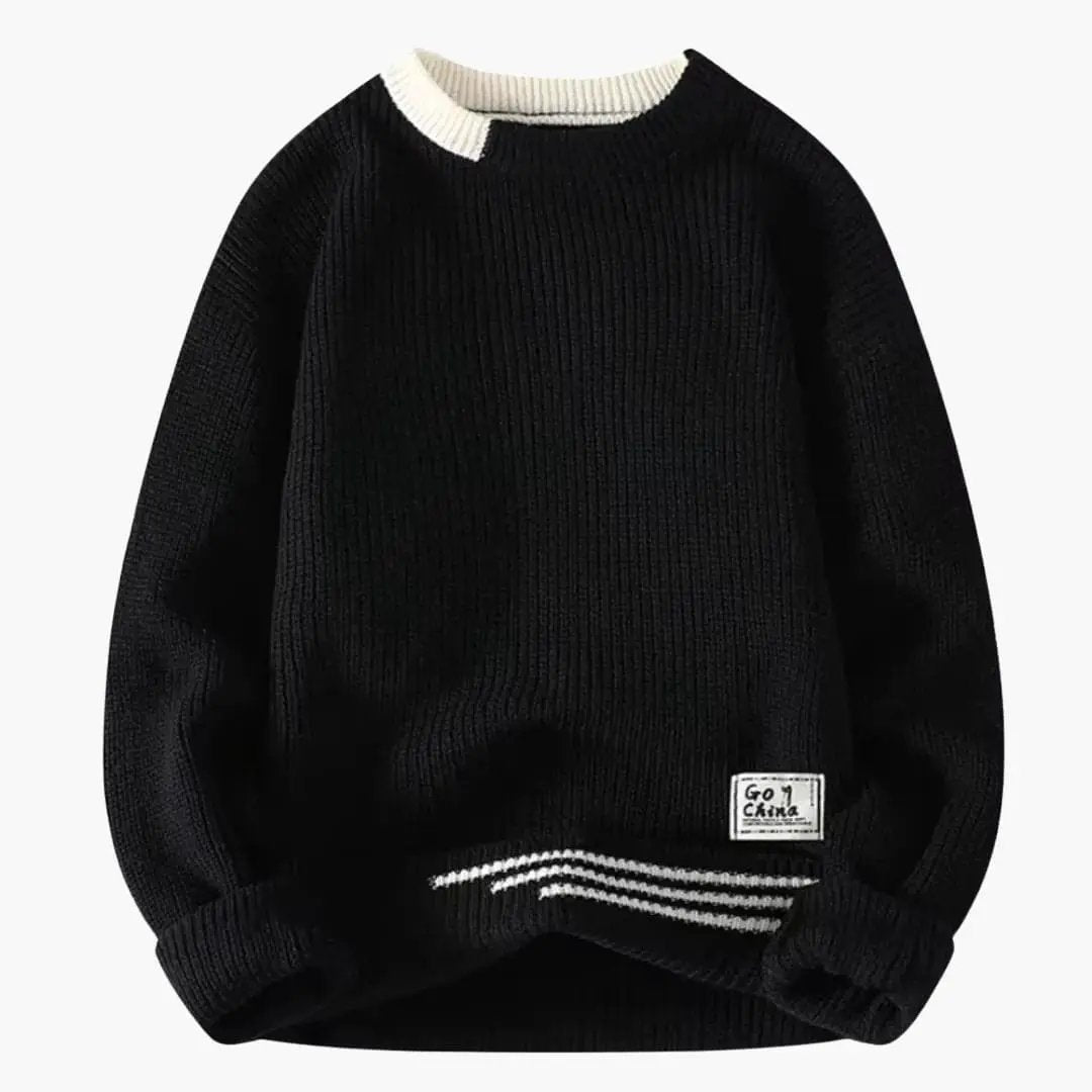 Men's crewneck sweater in black ribbed knit with white contrast collar and striped hem.