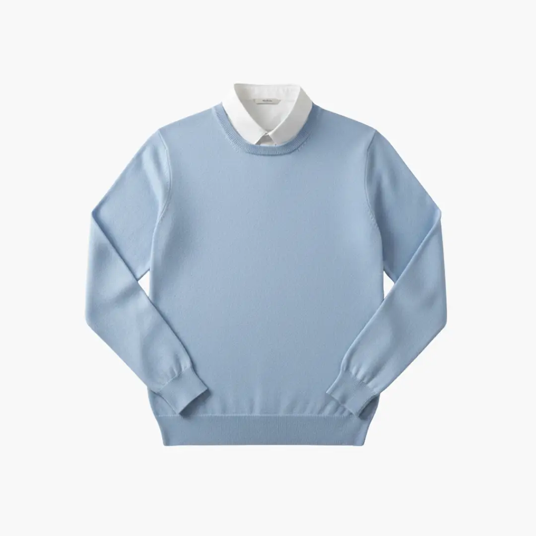 Men's crew neck sweater by Wilfred Smith in light blue with long sleeves and ribbed edges