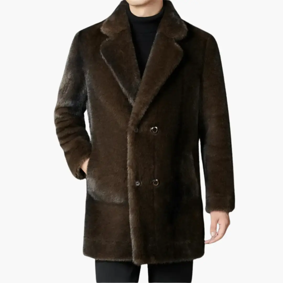 Men's brown faux fur coat with lapel collar and button-front closure