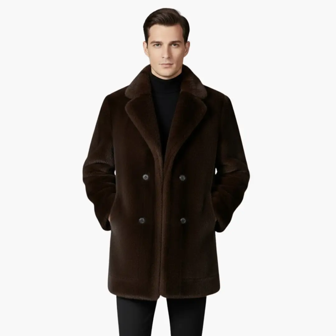 Men's brown faux fur coat with lapel collar and button front, overcoat style.