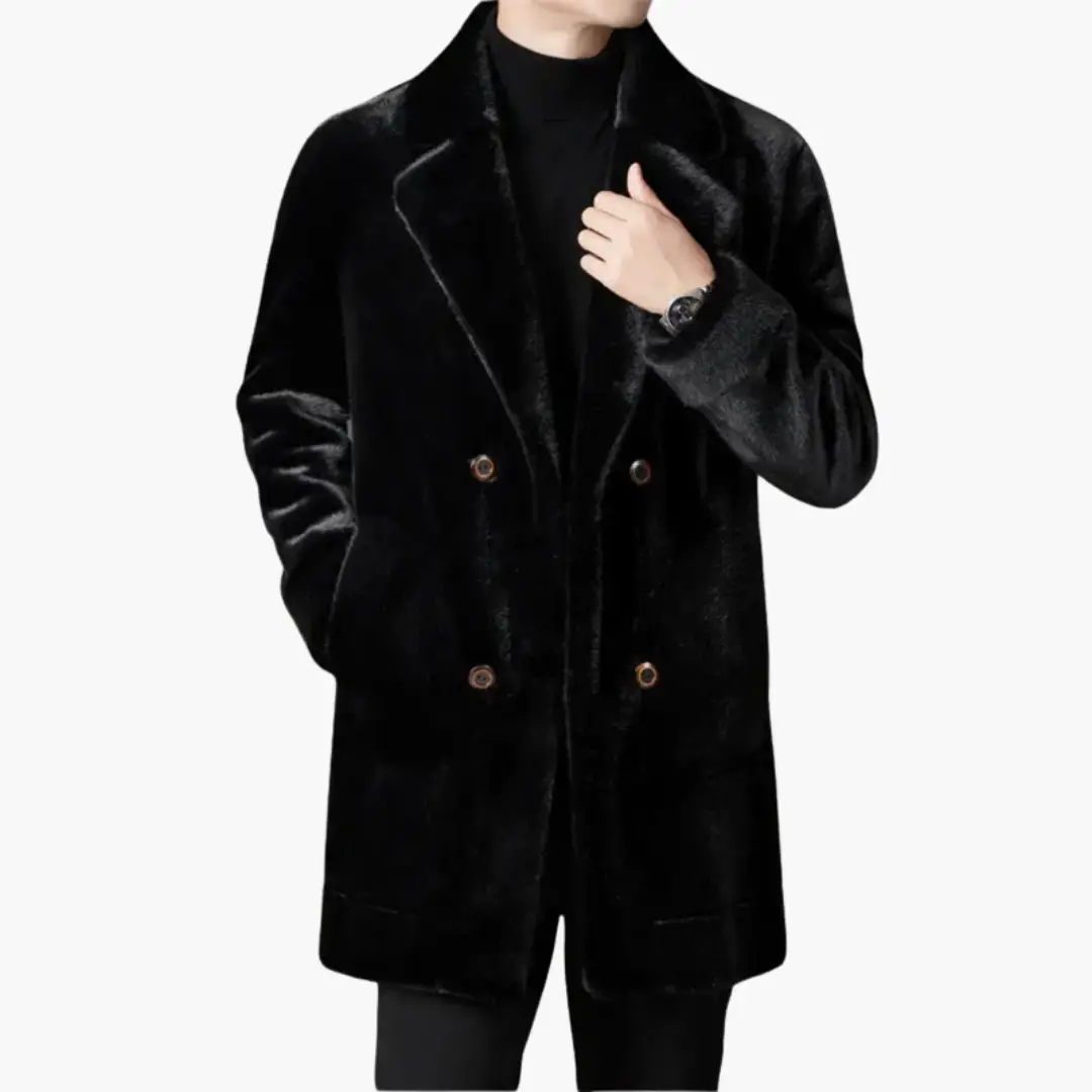 Men’s black faux-fur overcoat with lapel collar and double-breasted front with brown buttons.