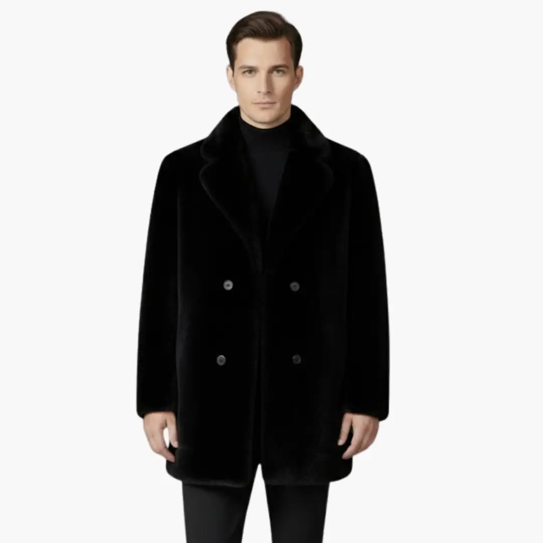 Men’s faux fur coat by Wilfred Smith, black overcoat with lapel collar and button front.