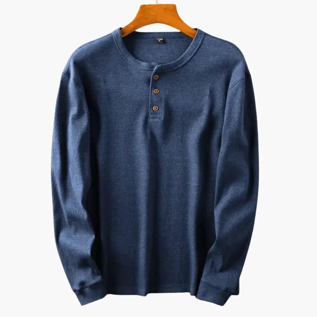 Men's Henley long-sleeve shirt, blue ribbed fabric with brown button placket, Wilfred Smith