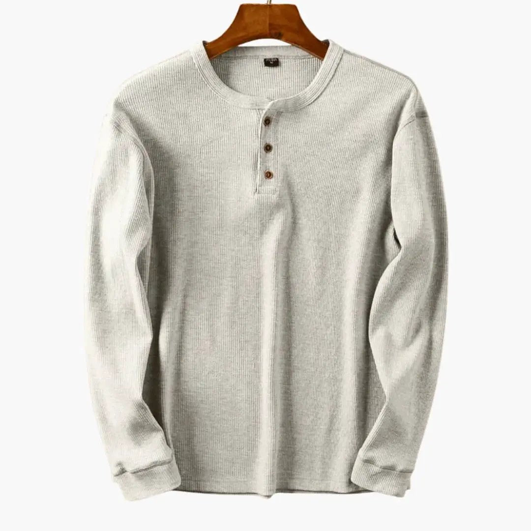 Men's ribbed Henley long-sleeve shirt with button placket in light gray by Wilfred Smith
