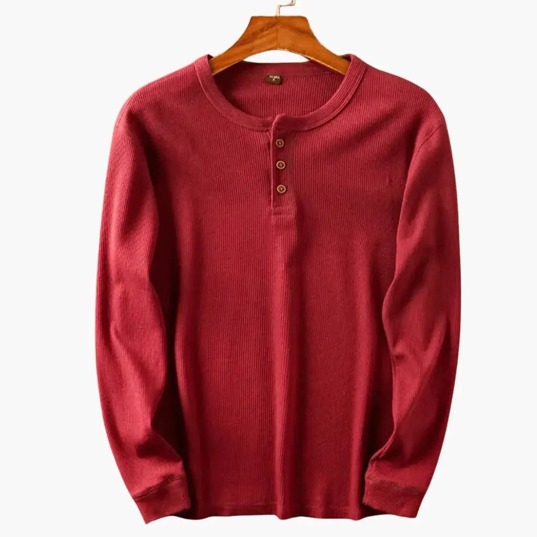 Men's Henley Long Sleeve Shirt, red ribbed knit with button placket
