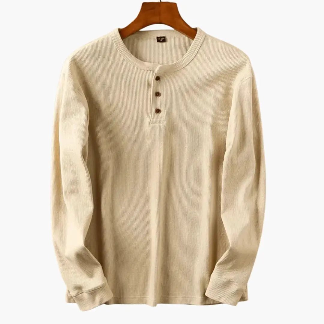 Men's Henley long sleeve shirt with ribbed texture in beige, Wilfred Smith.