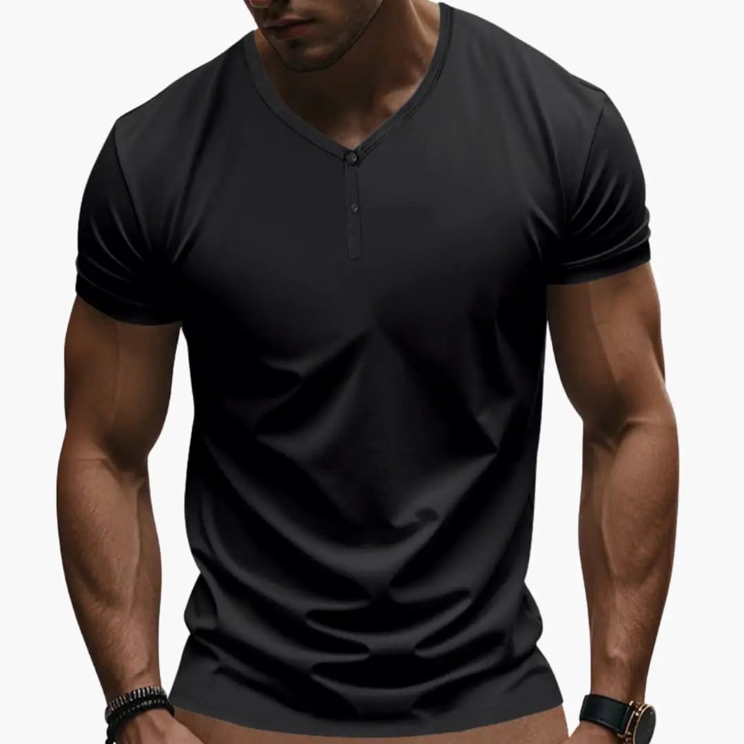 Men's Henley T-Shirt in black with textured V-neck and button placket