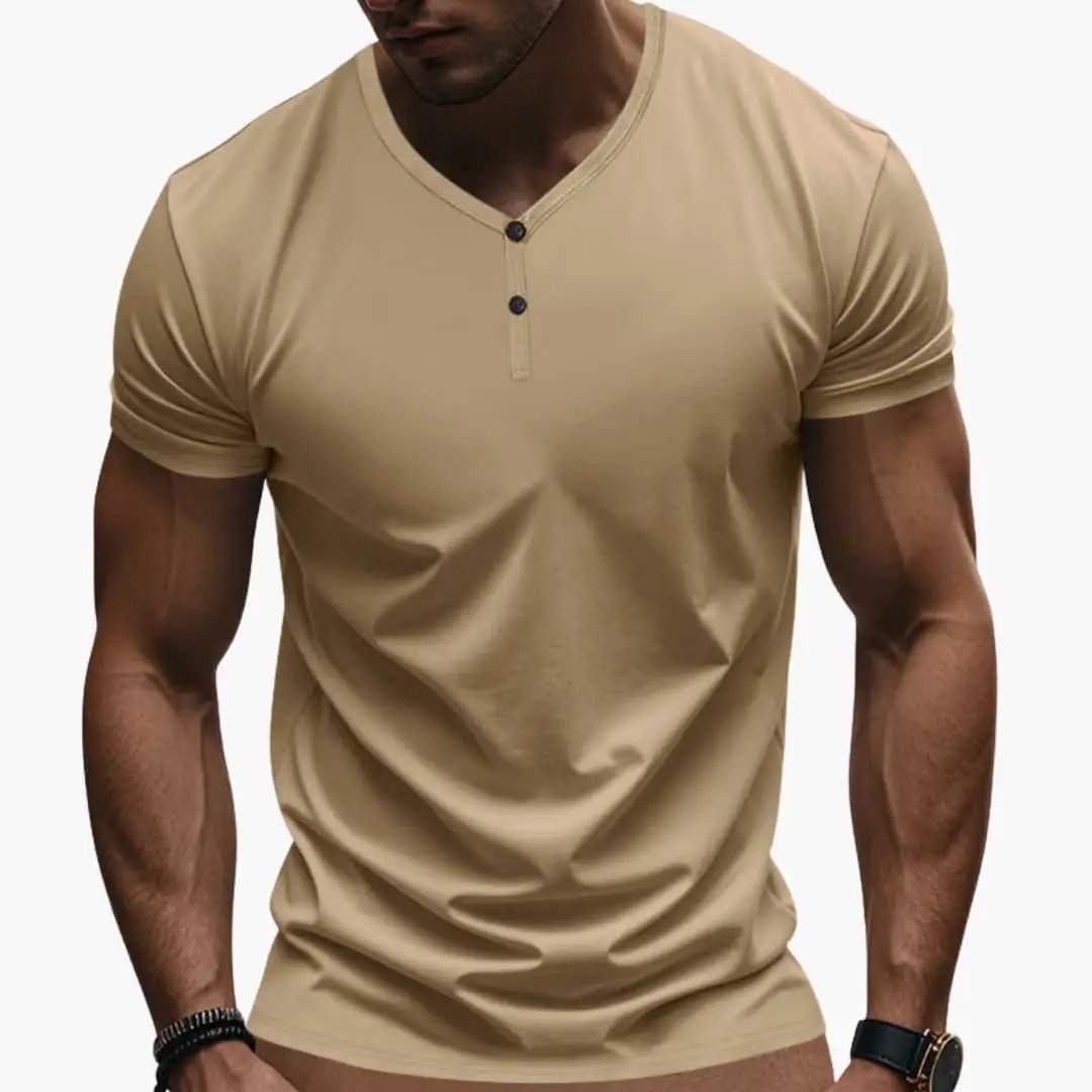 Men's Henley T-shirt by Wilfred Smith in beige with textured V-neck and two-button placket