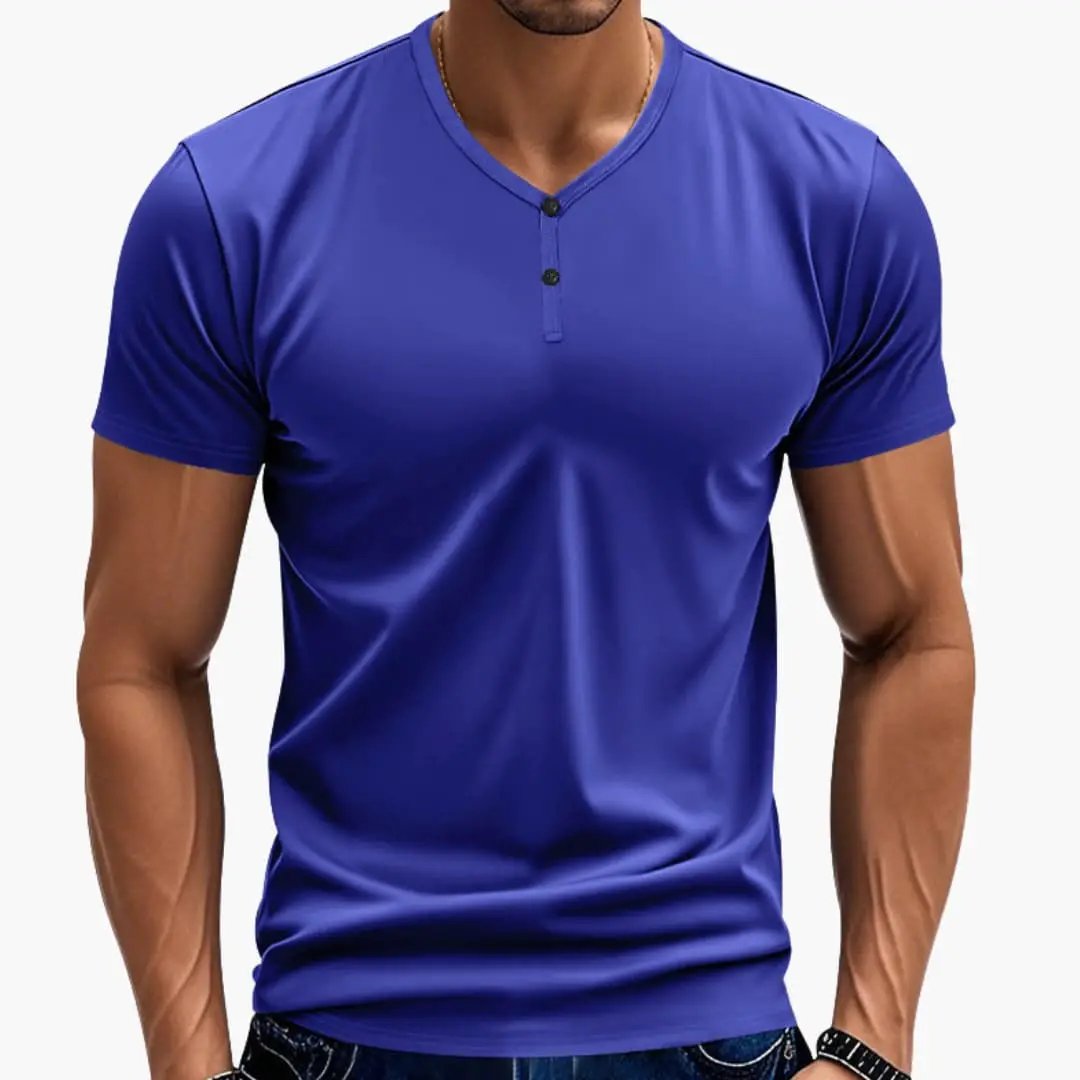 Men's Henley T-Shirt in royal blue with textured V-neck, short-sleeve, two-button placket, Wilfred Smith