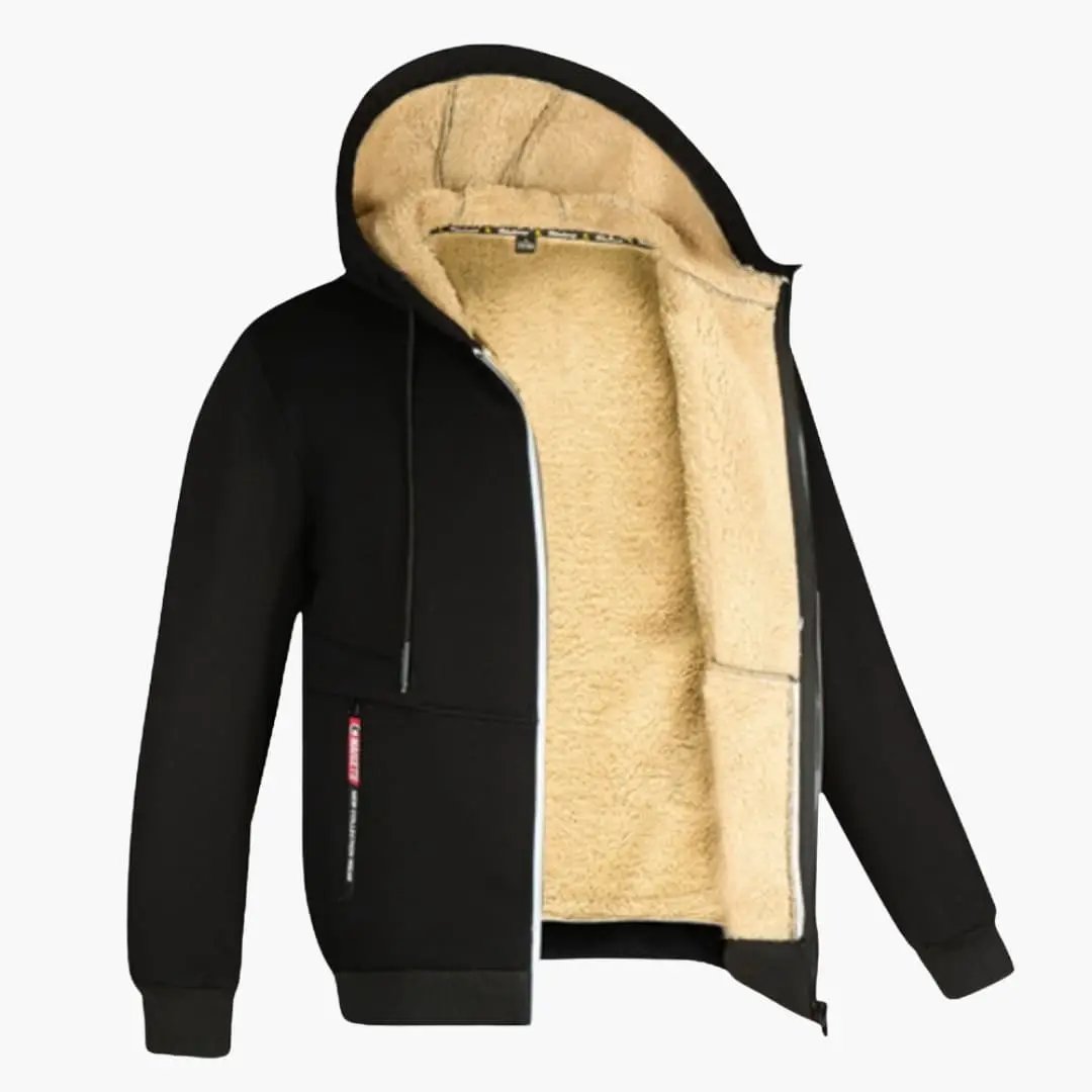Men’s hooded jacket with zip front by Wilfred Smith, black parka with beige sherpa fleece lining.