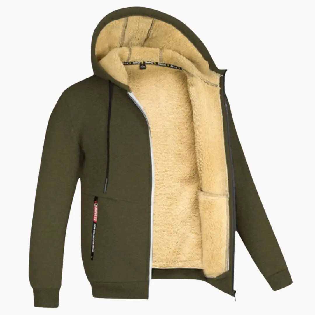 Men’s Hooded Jacket with Zip Front in olive green with beige sherpa lining