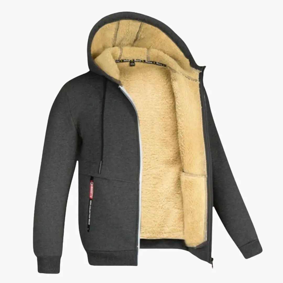 Men’s Hooded Jacket with Zip Front by Wilfred Smith, charcoal gray exterior with tan sherpa lining