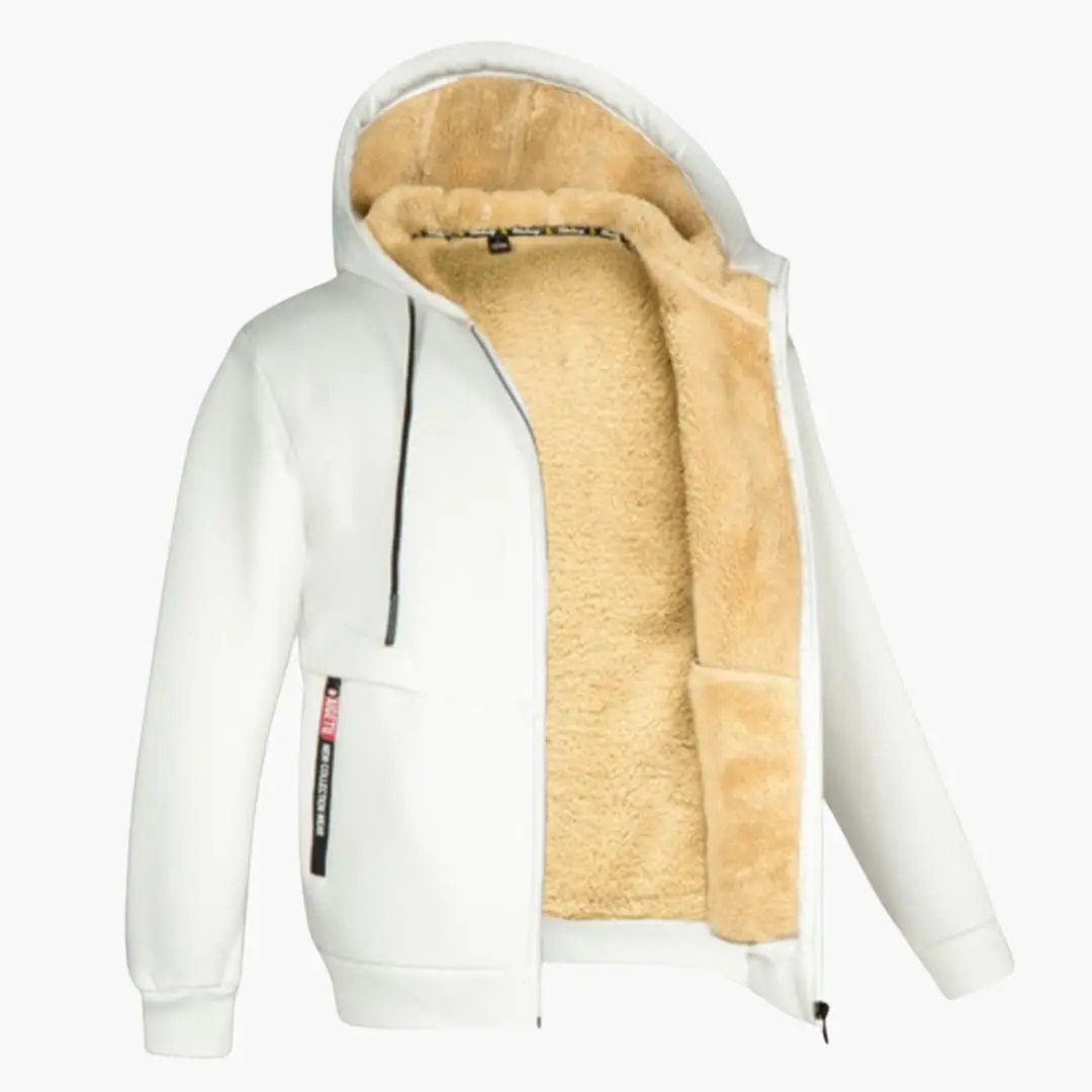 Men's Hooded Jacket with Zip Front, white exterior, tan sherpa lining, Wilfred Smith parka