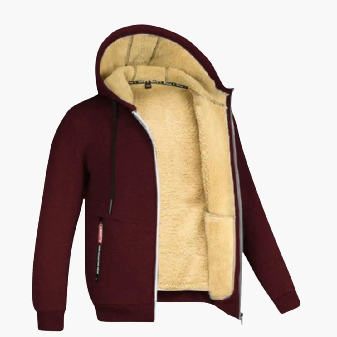 Men’s Hooded Jacket with Zip Front in burgundy with tan sherpa lining