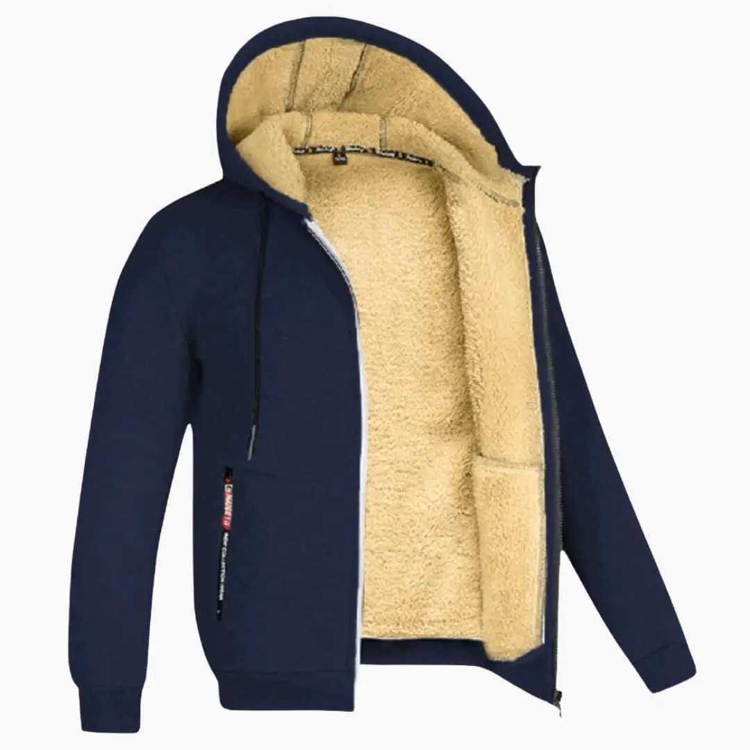 Men’s hooded jacket by Wilfred Smith in navy with tan sherpa lining and zip front