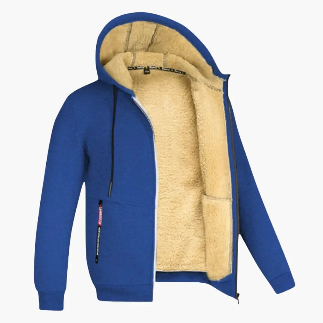 Men’s hooded jacket with zip front in blue, beige shearling lining