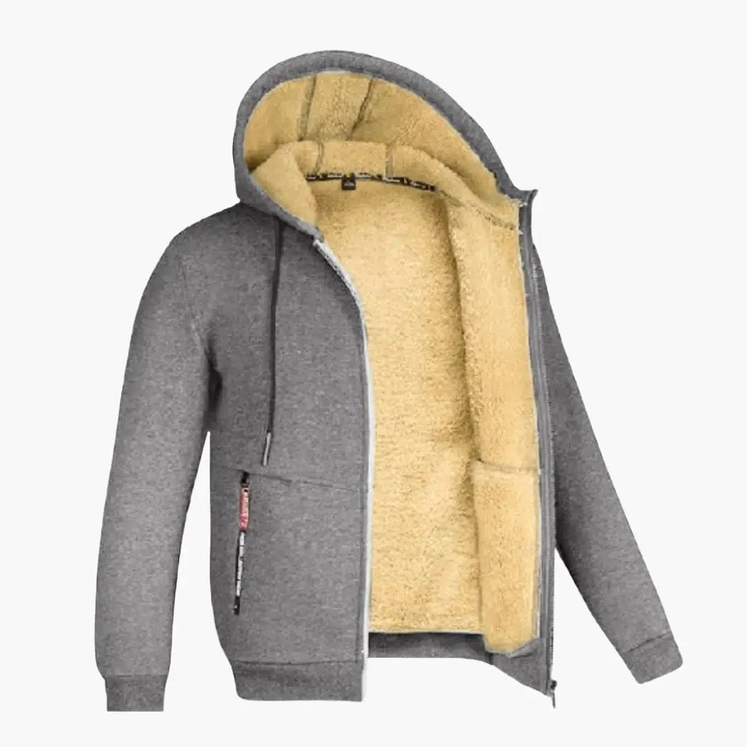 Men’s Hooded Jacket with Zip Front, gray exterior, tan sherpa lining