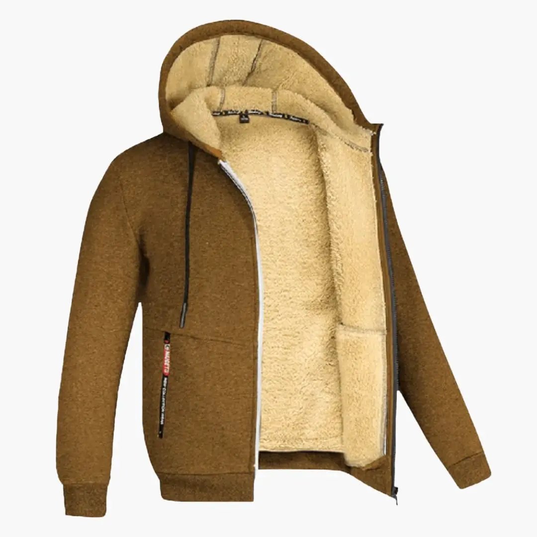 Men’s Hooded Jacket with Zip Front, brown exterior and beige fleece lining
