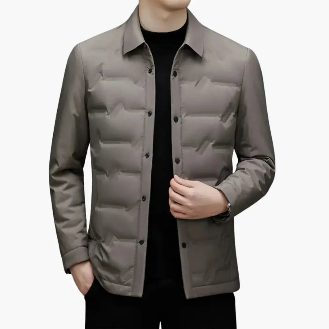 Men's padded sport jacket with lapel collar in gray, quilted front panels.