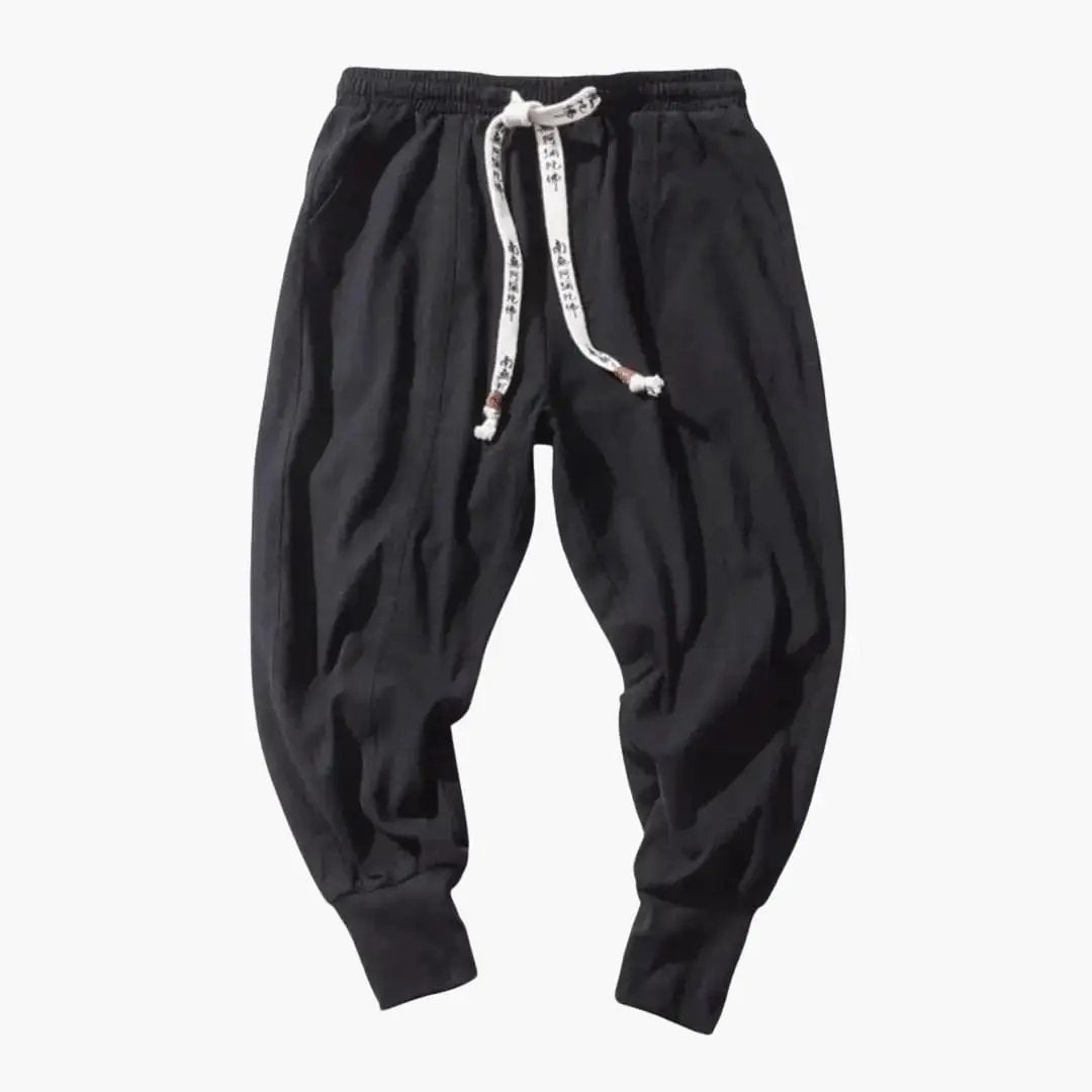 Men’s cargo joggers Wilfred Smith in black Japan-style with adjustable drawstring waist