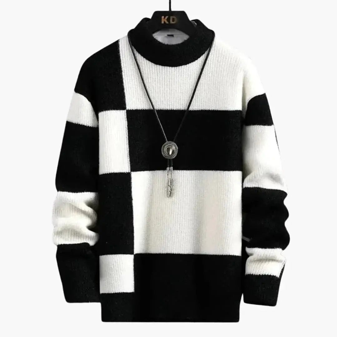 Men's sweater with bold black-and-white block pattern, crew neck, Wilfred Smith