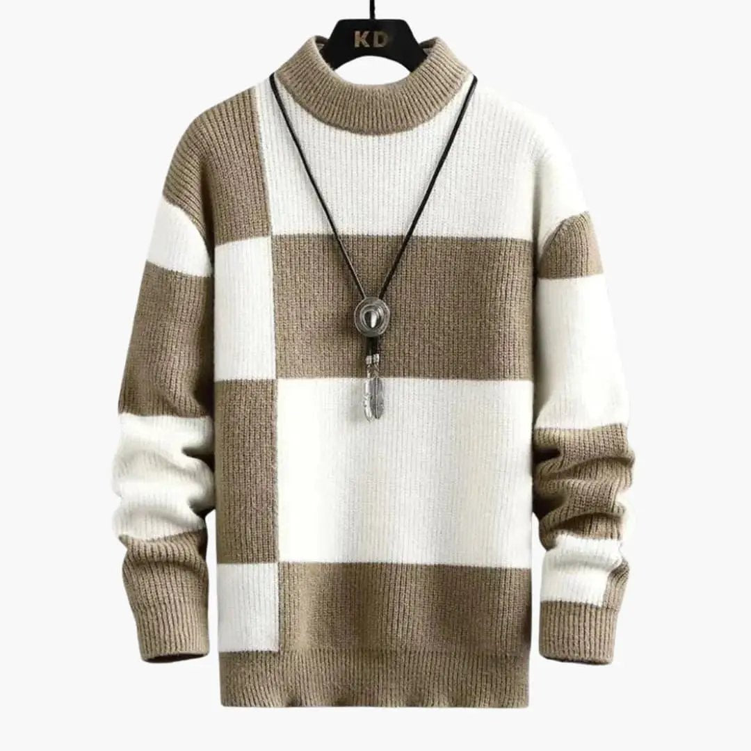 Men's Wilfred Smith sweater with a structured knit and tan and white color-block pattern.