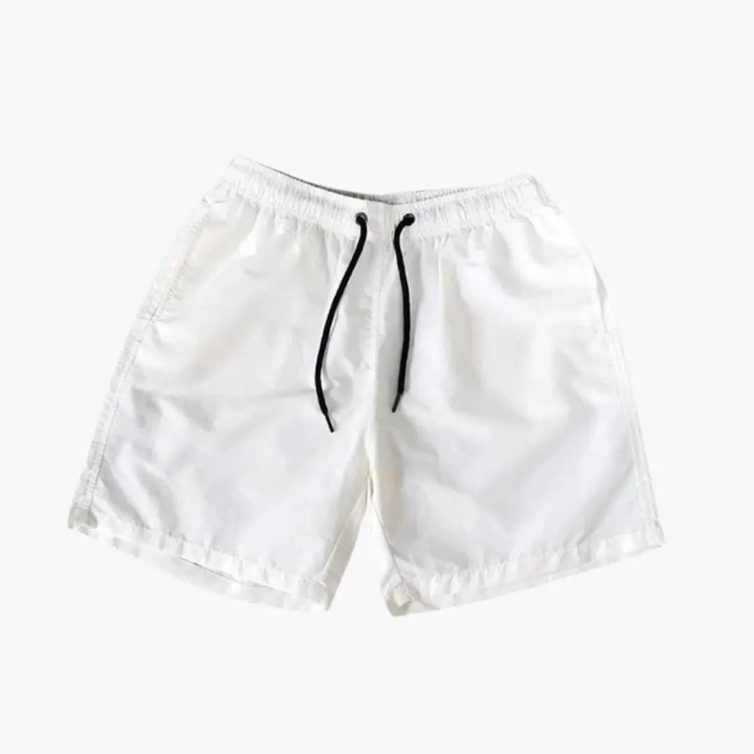 Men's white knee-length jogger shorts with black drawstrings and side pockets