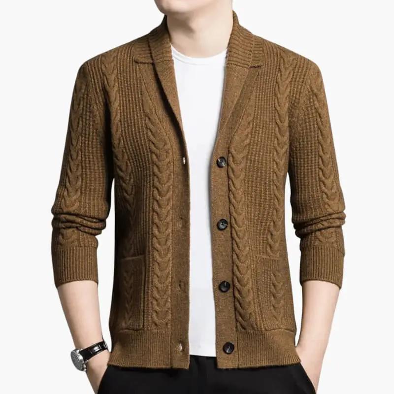 Men’s Knit Cardigan with Shawl Collar in brown jacquard pattern