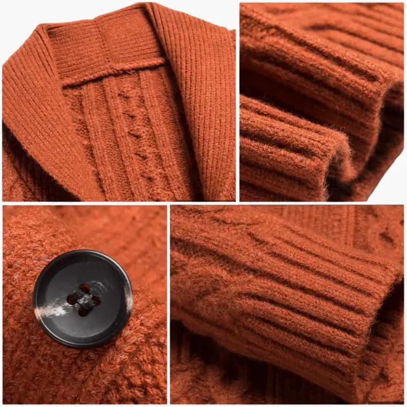 Men's cardigan by Wilfred Smith in burnt orange jacquard knit with shawl collar