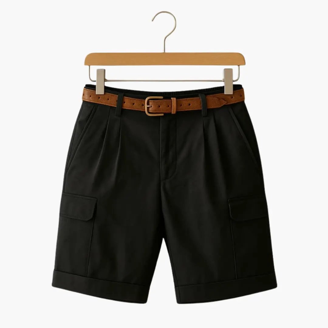 Men's linen-blend cargo shorts with pleats, black fabric and brown belt with cargo pockets