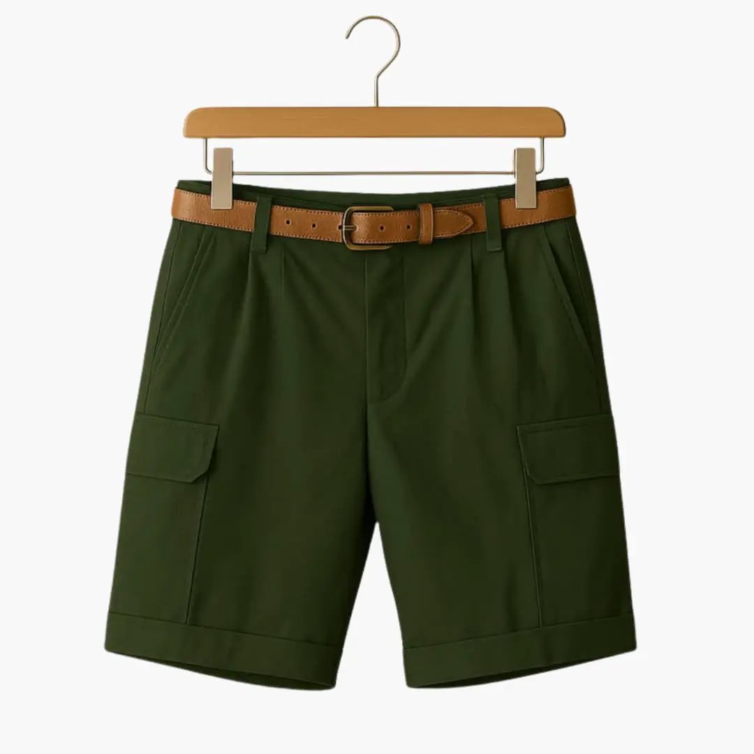 Men's linen blend cargo shorts in olive green with pleats and pockets