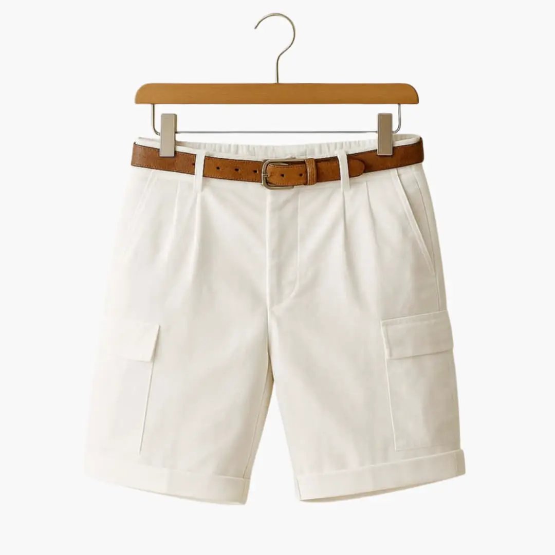 Men's Linen Blend Cargo Shorts with Pleats, white with brown belt