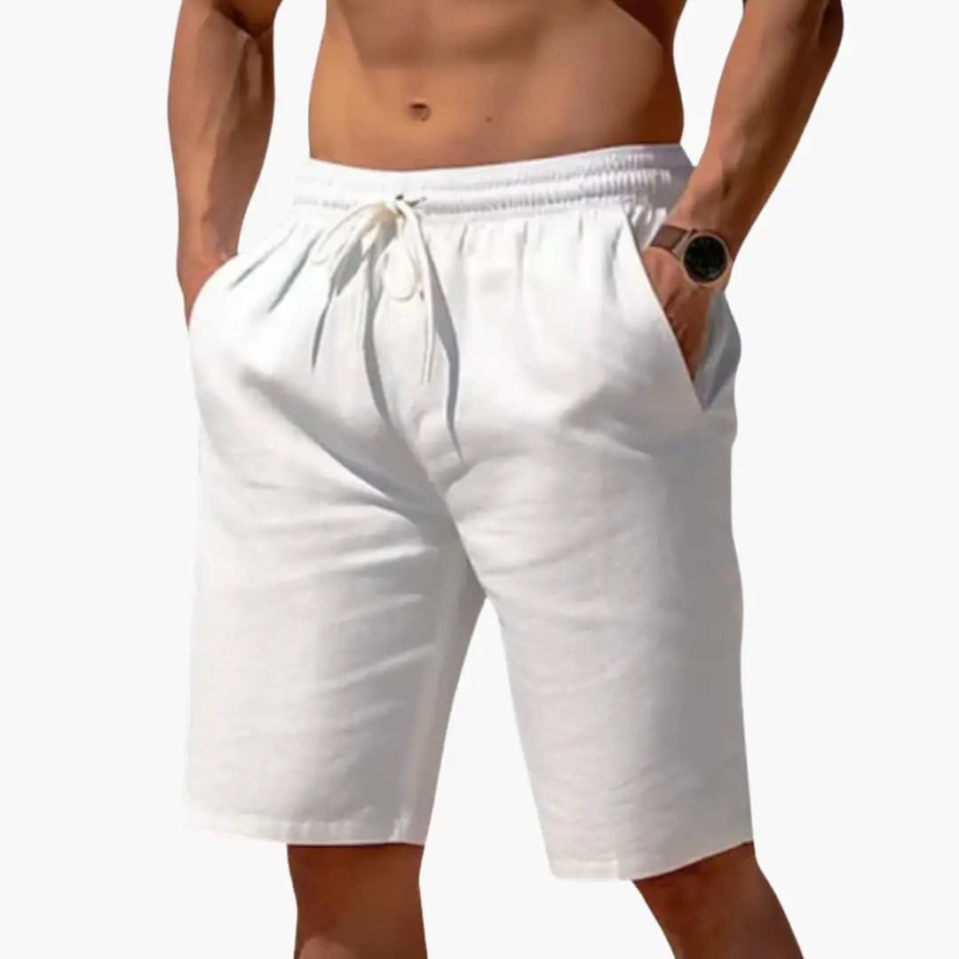 Men's Linen Shorts with Elastic Waistband and Drawstring in white, knee-length jogger style by Wilfred Smith