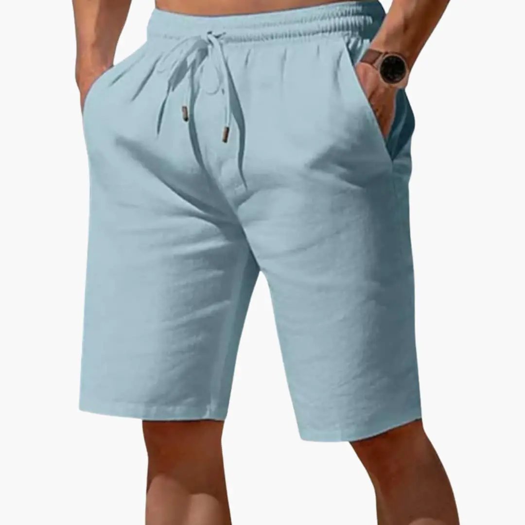 Men's linen jogger shorts knee-length, light blue with elastic waistband and drawstring