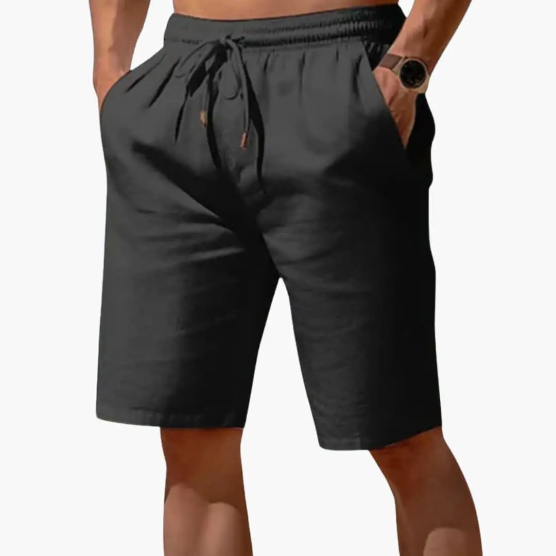 Men's Linen Shorts with Elastic Waistband and Drawstring by Wilfred Smith; knee-length jogger shorts