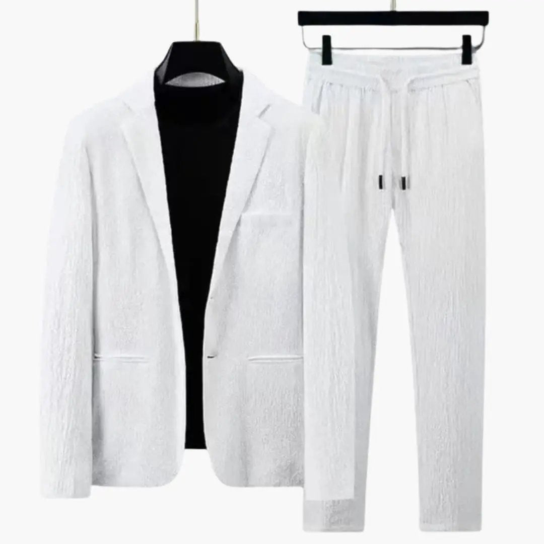 Men's two-piece pant suit by Wilfred Smith: white notch-lapel blazer with matching straight-leg trousers